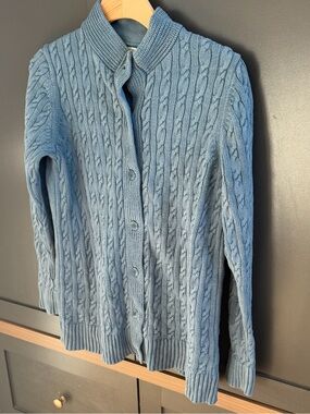 Vintage 90s LL Bean Double L Cable Knit Cardigan Sweater Blue Cotton Mock Neck M